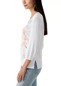 Petite Floral Embroidered Solid Knit Top