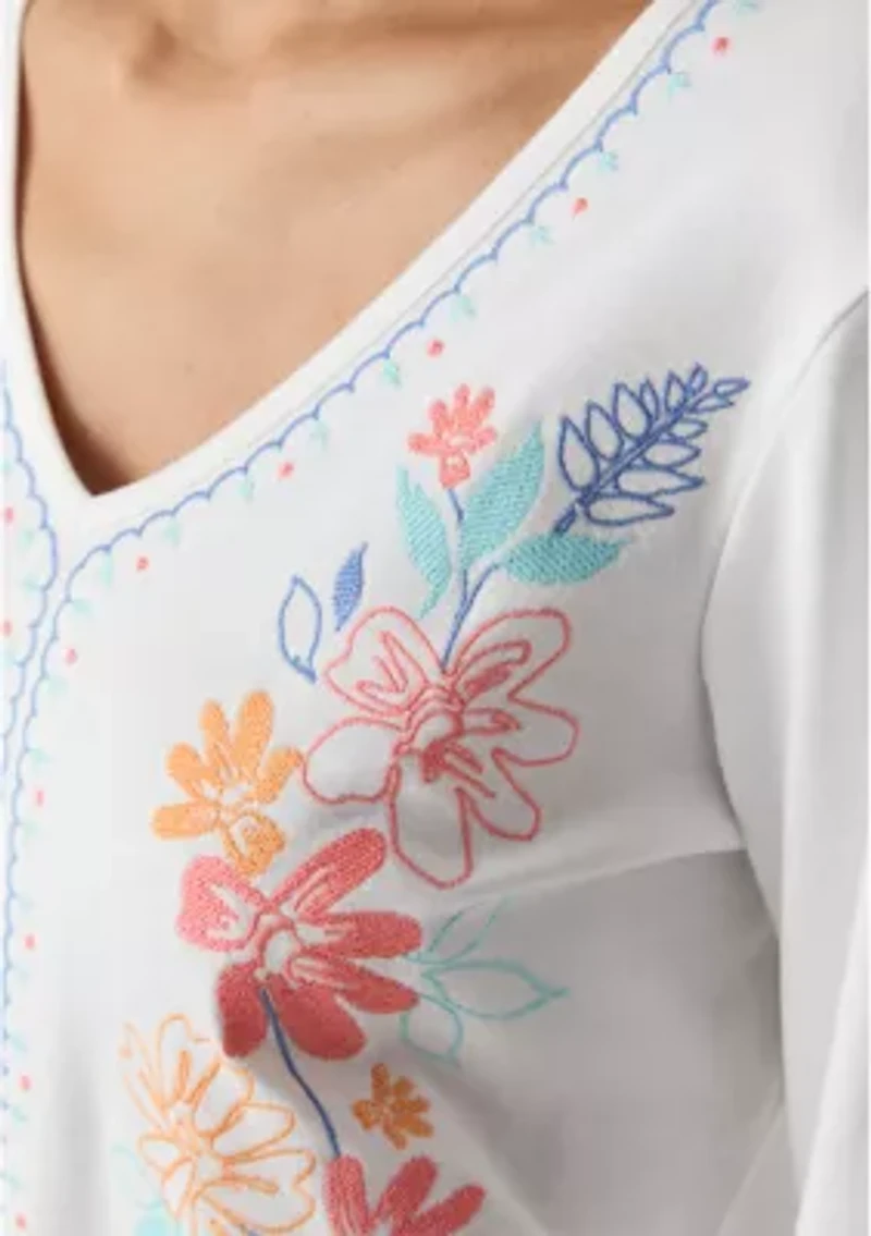Petite Floral Embroidered Solid Knit Top