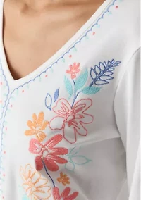 Petite Floral Embroidered Solid Knit Top