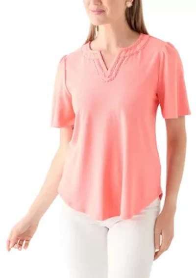 Petite Split Neck Texture Solid Knit Top With Short Ruffle Sleeves