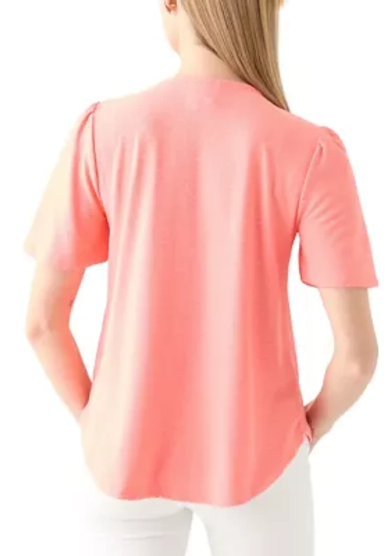 Petite Split Neck Texture Solid Knit Top With Short Ruffle Sleeves