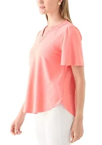 Petite Split Neck Texture Solid Knit Top With Short Ruffle Sleeves