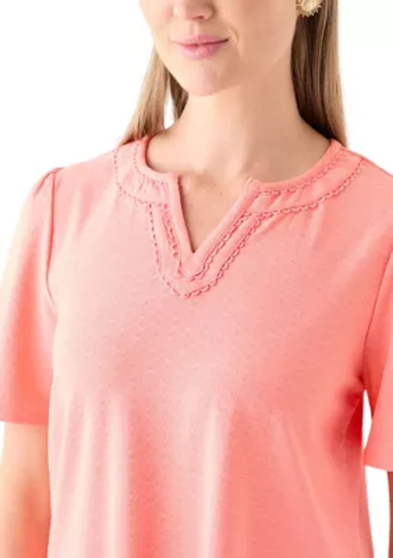 Petite Split Neck Texture Solid Knit Top With Short Ruffle Sleeves