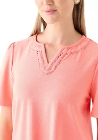 Petite Split Neck Texture Solid Knit Top With Short Ruffle Sleeves