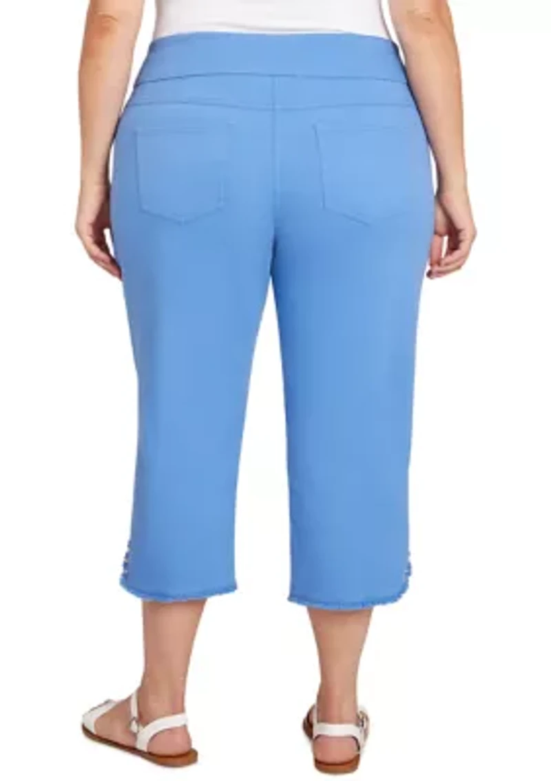 Plus Pull-On Stretch Denim Lace Hem Capri Pants