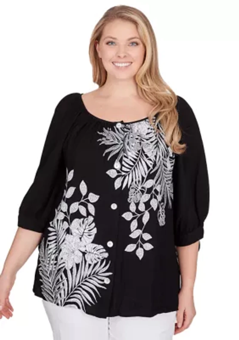 Plus Tropical Print Crepe Top with Ties