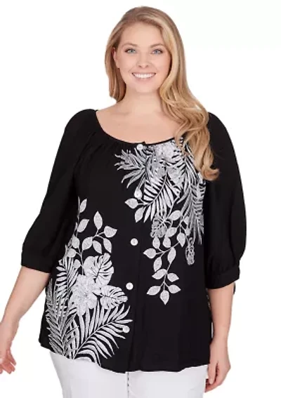 Plus Tropical Print Crepe Top with Ties