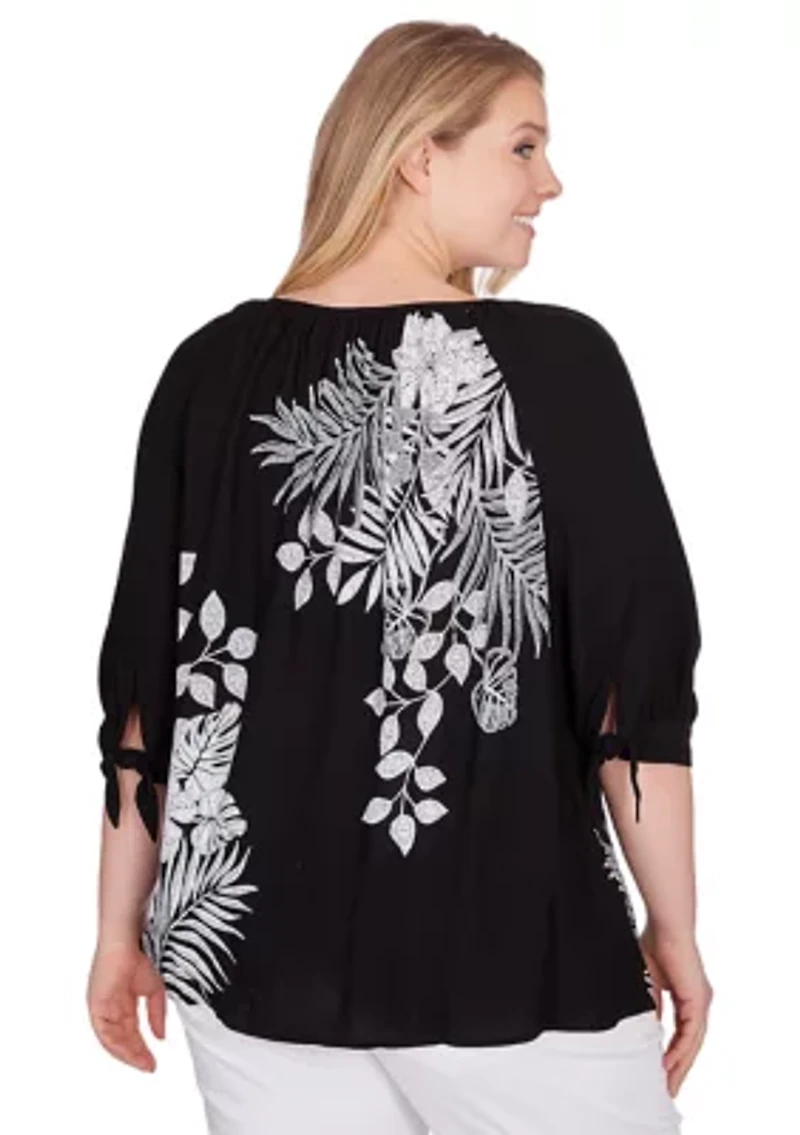 Plus Tropical Print Crepe Top with Ties