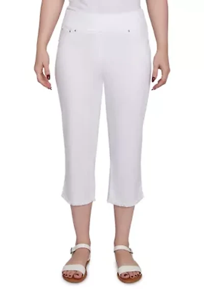 Women's Pull On Tencel Denim Capris with Fringe Hem