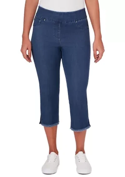 Women's Pull On Tencel Denim Capris with Fringe Hem
