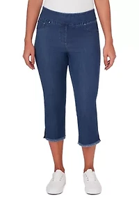 Women's Pull On Tencel Denim Capris with Fringe Hem