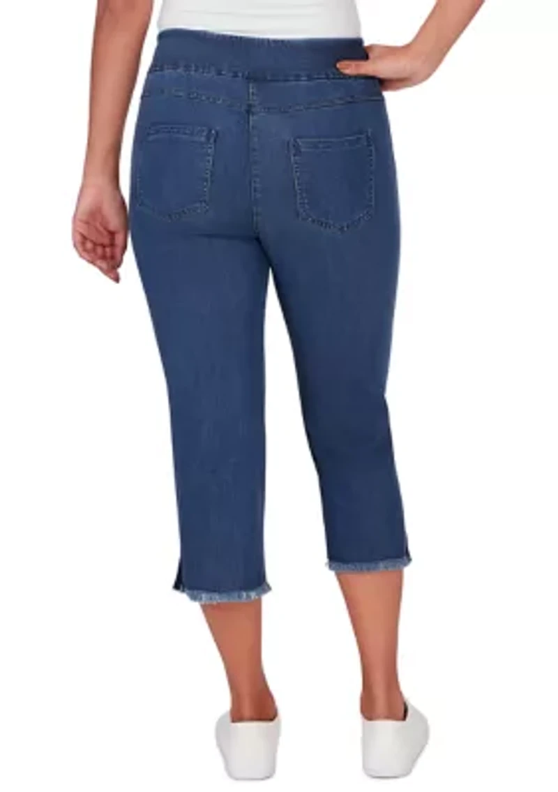 Women's Pull On Tencel Denim Capris with Fringe Hem