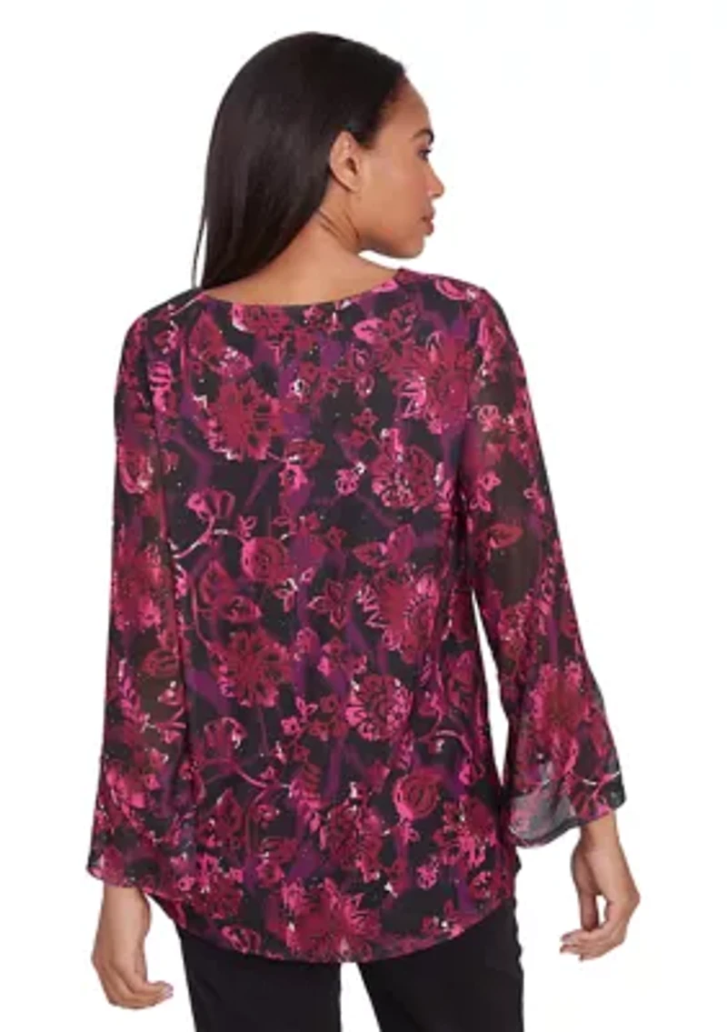 Women's Scoop Neck Floral Printed Mesh Top With Flounce Sleeves