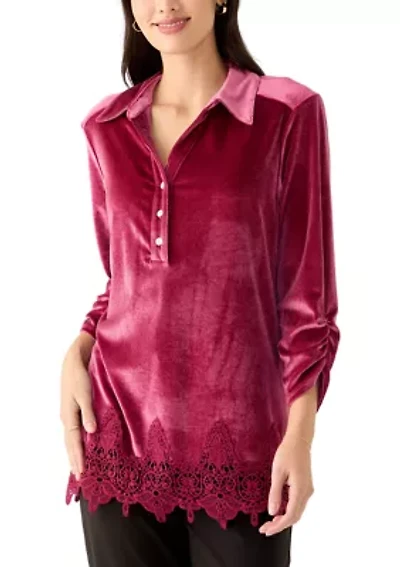 Shirt Collar Stretch Velvet Top With Lace Trim Detail and Three Quarter Ruched Sleeves