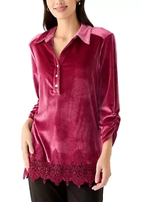 Shirt Collar Stretch Velvet Top With Lace Trim Detail and Three Quarter Ruched Sleeves