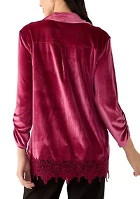 Shirt Collar Stretch Velvet Top With Lace Trim Detail and Three Quarter Ruched Sleeves