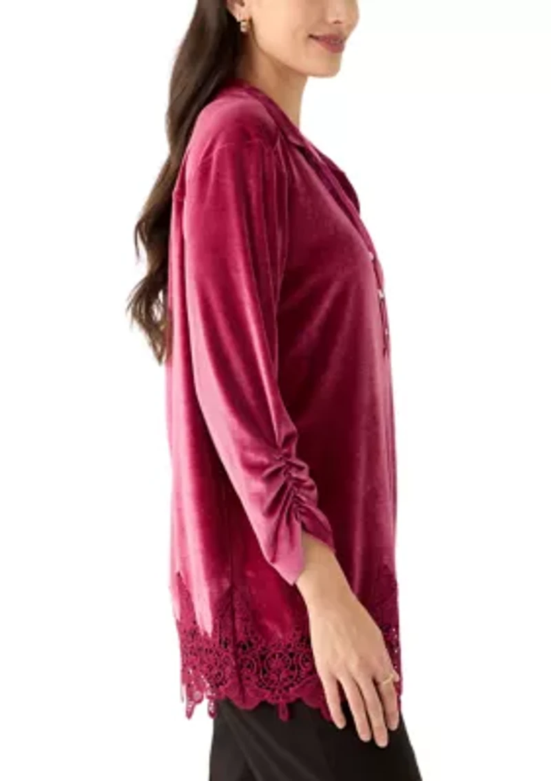 Shirt Collar Stretch Velvet Top With Lace Trim Detail and Three Quarter Ruched Sleeves