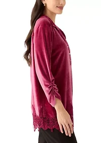 Shirt Collar Stretch Velvet Top With Lace Trim Detail and Three Quarter Ruched Sleeves
