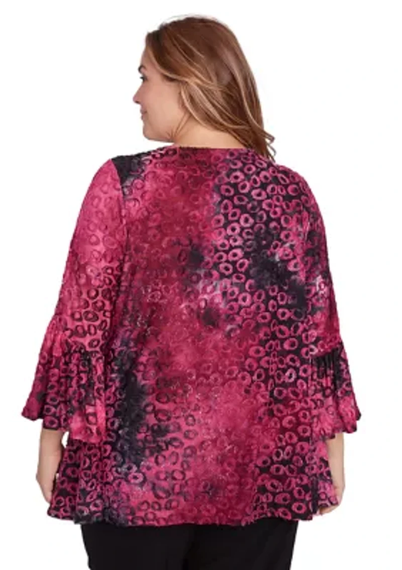 Plus Scoop Neck with Criss Cross Tie Dye Spots Jacquard Knit Shark Bite Top