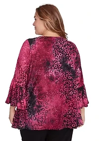 Plus Scoop Neck with Criss Cross Tie Dye Spots Jacquard Knit Shark Bite Top