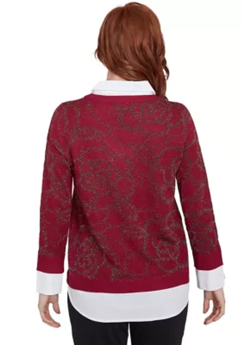 Plus Floral Metallic Jacquard Sweater with Poplin Shirting TwoFer Top