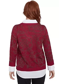 Plus Floral Metallic Jacquard Sweater with Poplin Shirting TwoFer Top