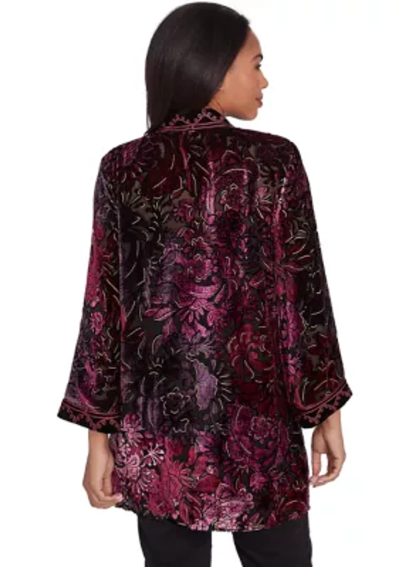 Petite Open Front Velvet Burnout Cardigan with Embroidered Trim