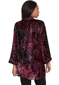 Petite Open Front Velvet Burnout Cardigan with Embroidered Trim