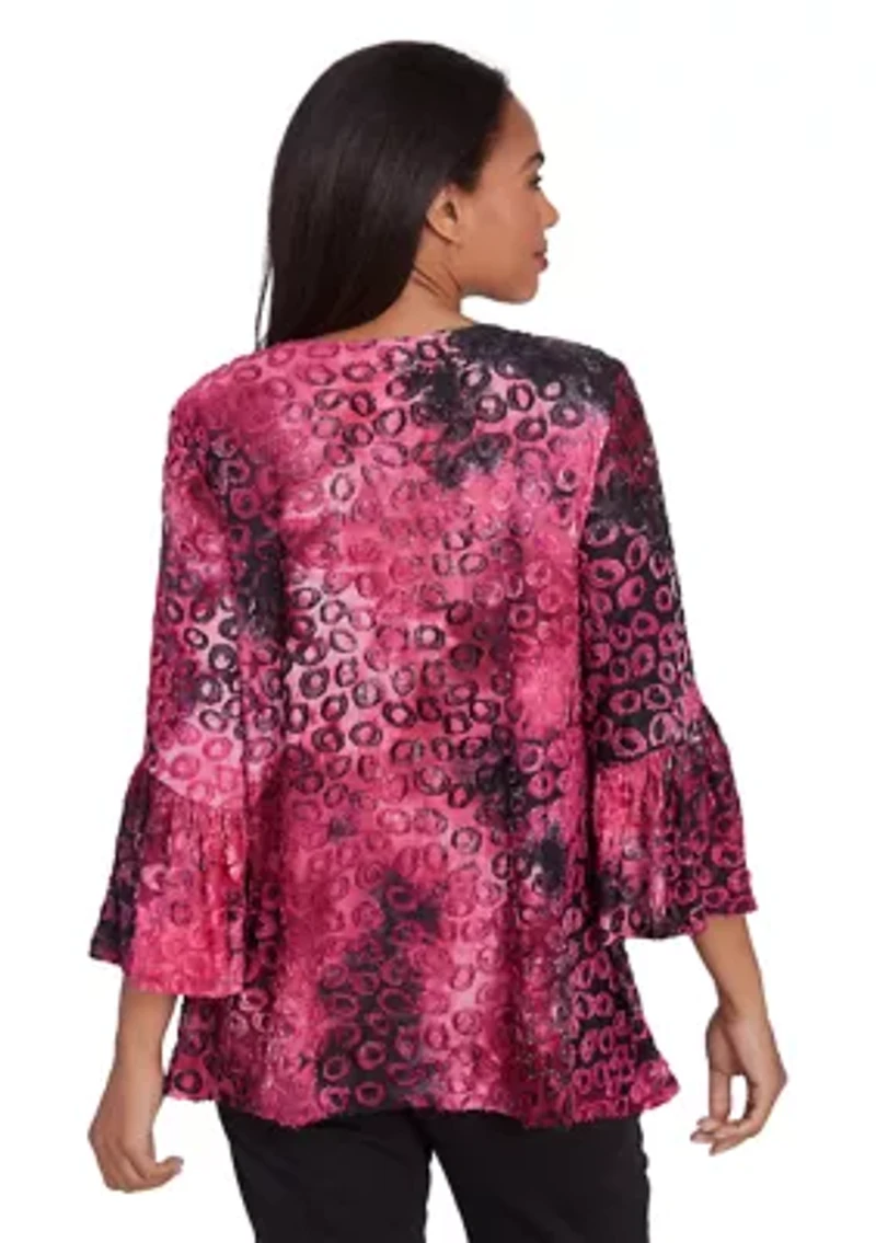 Petite Scoop Neck With Criss Cross Tie Dye Spots Jacquard Knit Sharkbite Top