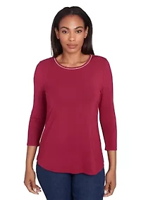 Petite Micro Bead Chain Embellished Stretch Knit Solid Top