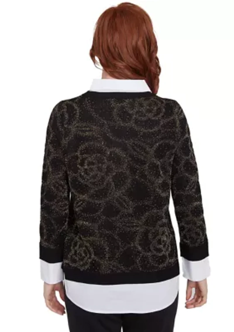 Petite Floral Metallic Jacquard Sweater with Poplin Shirting TwoFer Top