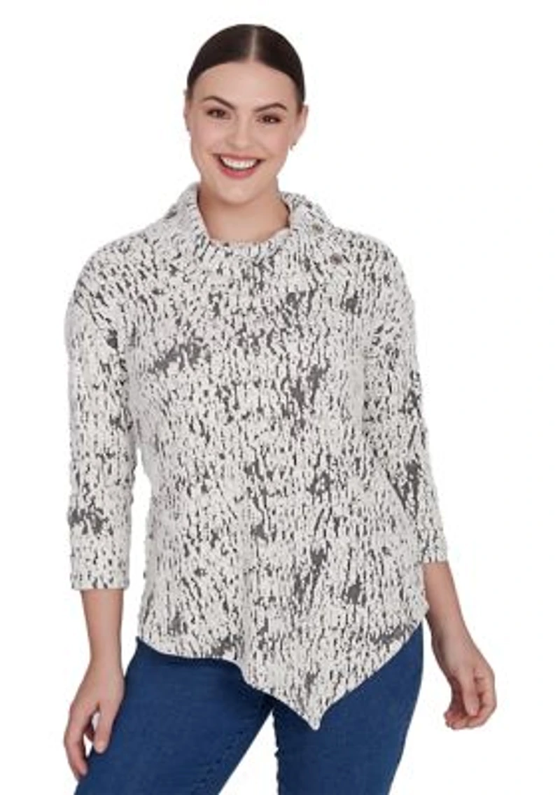 Women's Split Cowl Neck Fois Bois Chenille Jacquard Knit Top With Asymmetric Hem