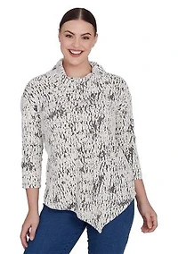 Women's Split Cowl Neck Fois Bois Chenille Jacquard Knit Top With Asymmetric Hem