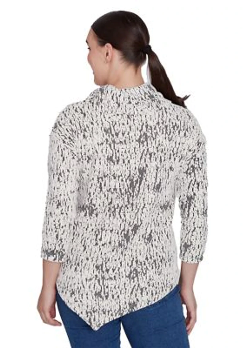 Women's Split Cowl Neck Fois Bois Chenille Jacquard Knit Top With Asymmetric Hem