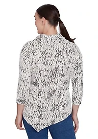 Women's Split Cowl Neck Fois Bois Chenille Jacquard Knit Top With Asymmetric Hem