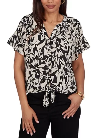 Women's Mono Floral Button Tie Front Top