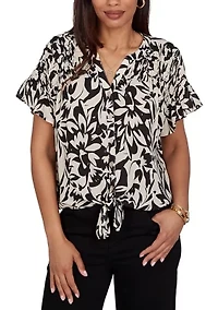 Women's Mono Floral Button Tie Front Top