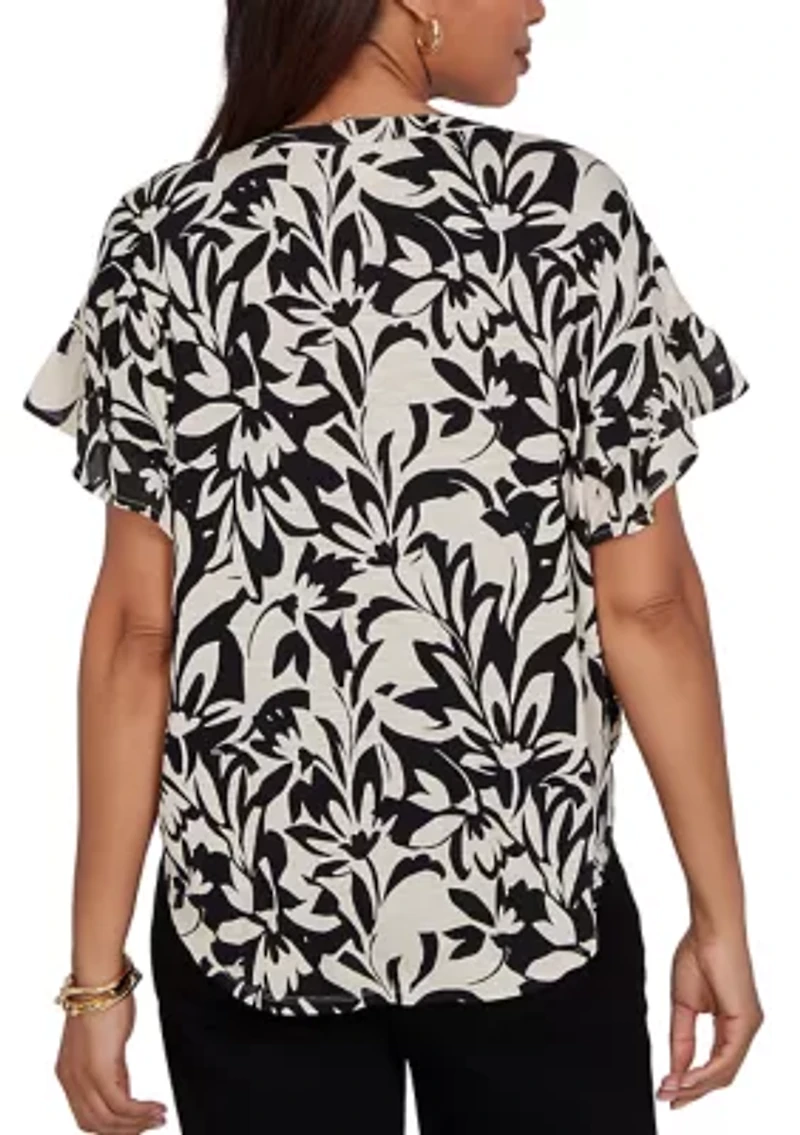 Women's Mono Floral Button Tie Front Top