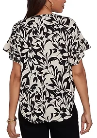 Women's Mono Floral Button Tie Front Top