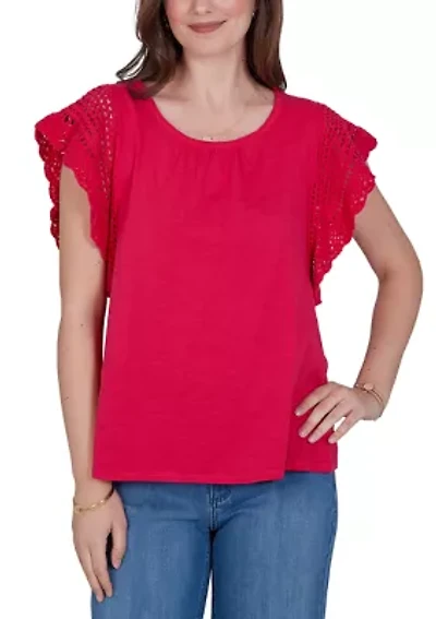 Women's Crochet Sleeve Solid Cotton Shirt