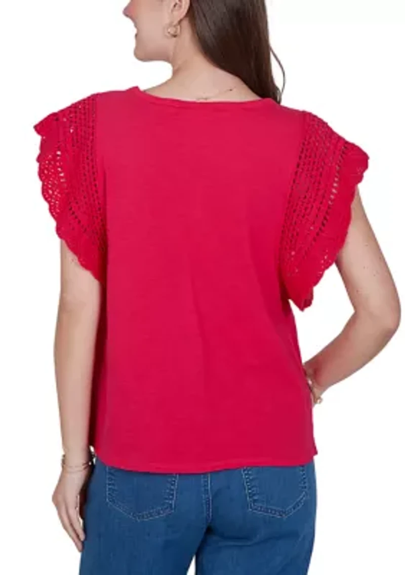 Women's Crochet Sleeve Solid Cotton Shirt