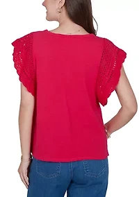 Women's Crochet Sleeve Solid Cotton Shirt