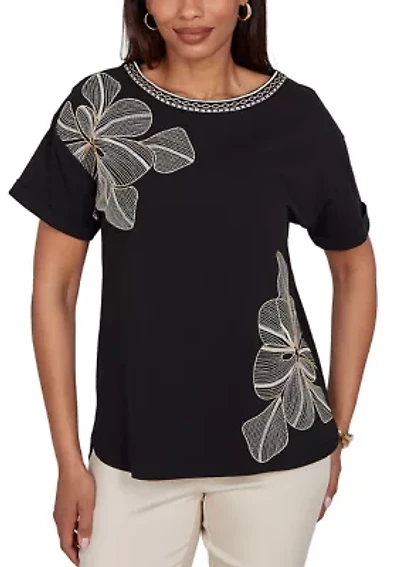 Women's Floral Noir Embroidered Knit Shirt