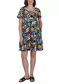 Women's Tropical Print Tiered Cotton Knit Pocket Dress