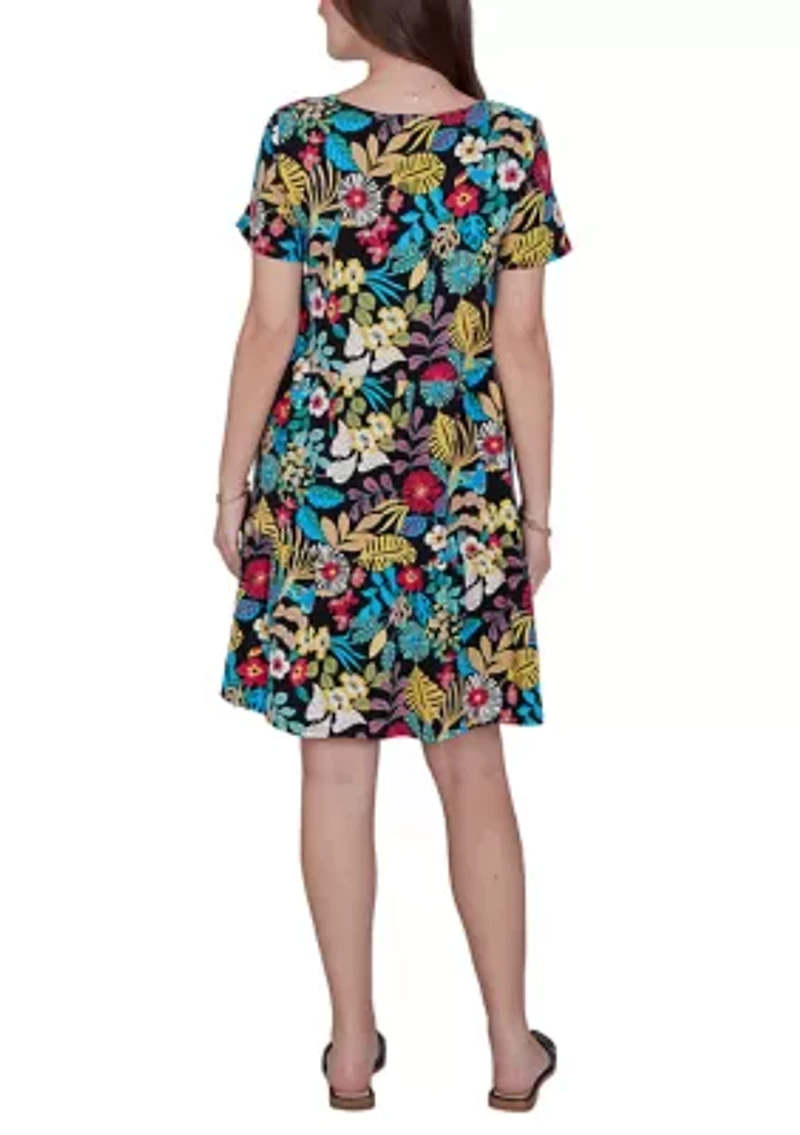 Women's Tropical Print Tiered Cotton Knit Pocket Dress