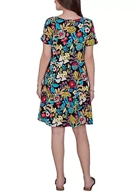 Women's Tropical Print Tiered Cotton Knit Pocket Dress