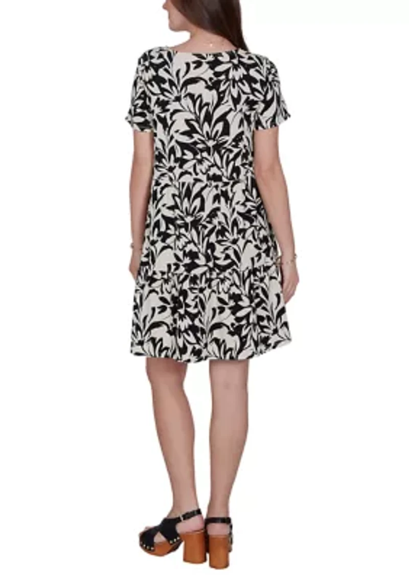 Women's Mono Floral Tiered Cotton Knit Pocket Dress