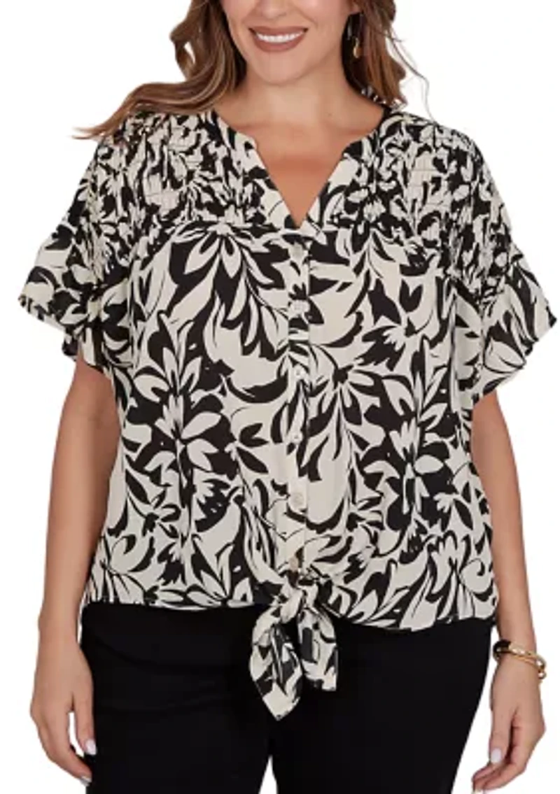 Plus Mono Floral Button Tie Front T-Shirt