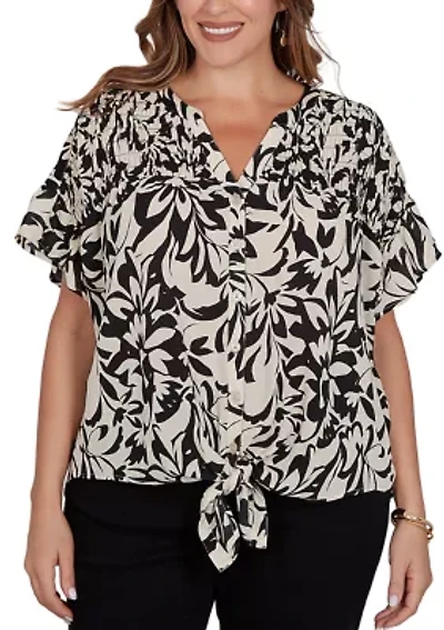 Plus Mono Floral Button Tie Front T-Shirt