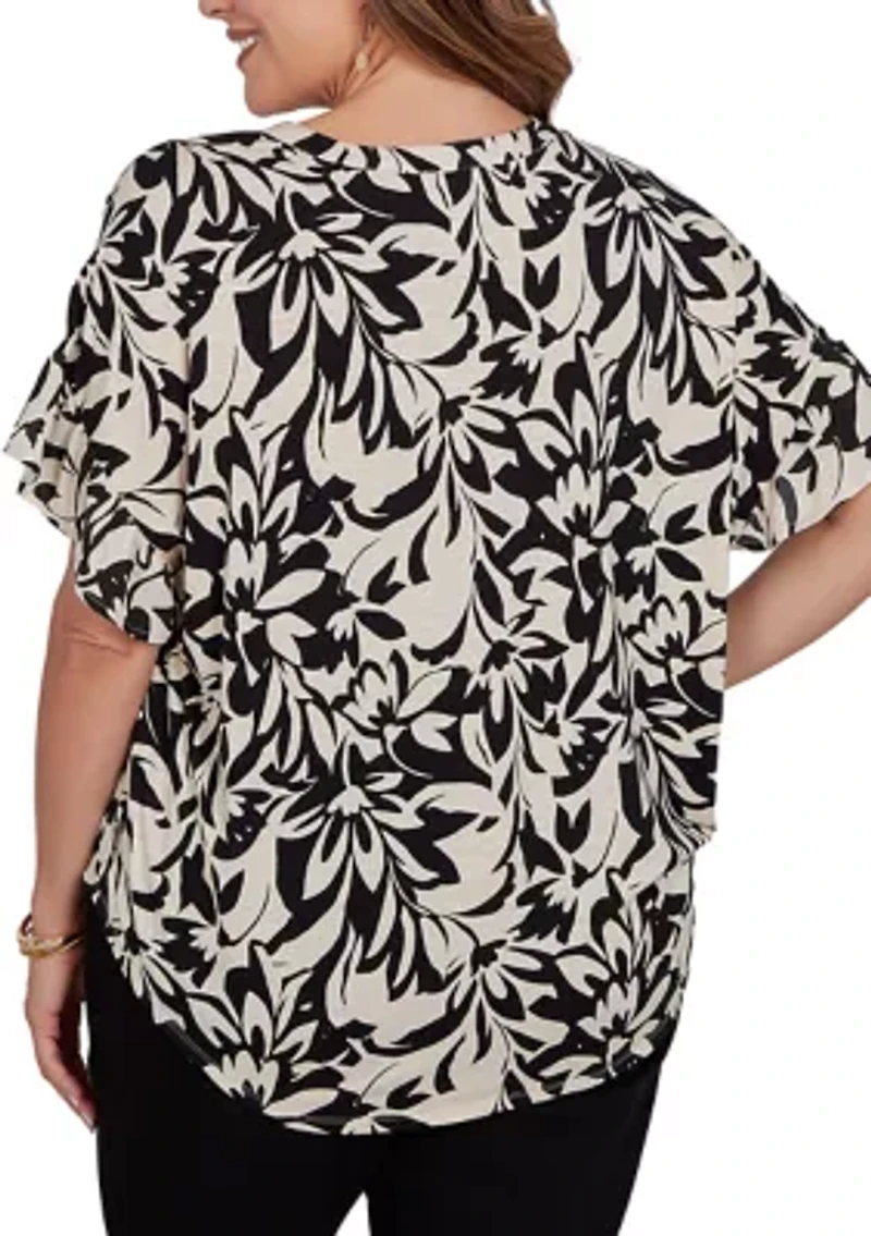 Plus Mono Floral Button Tie Front T-Shirt